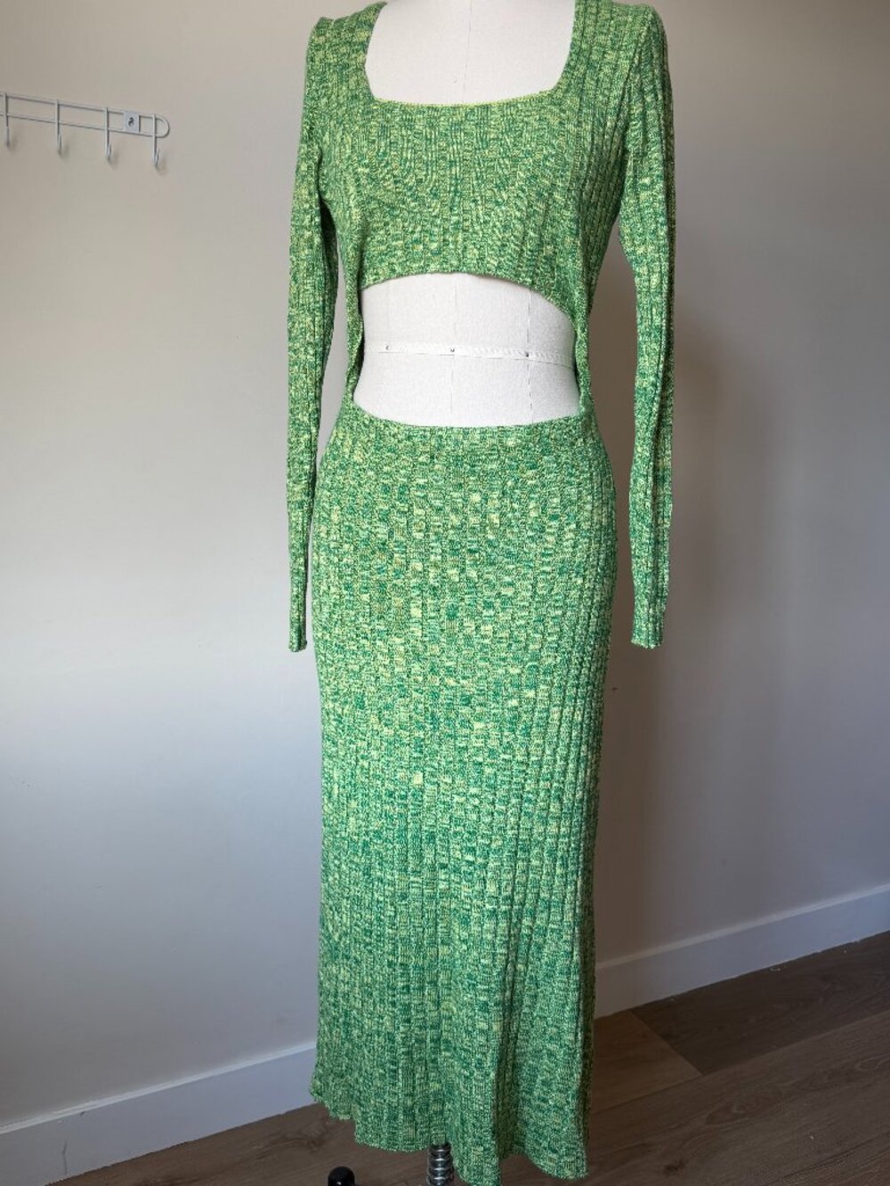 AFRM Green Knit Two Piece Set | Square Neck Crop Top & Midi Skirt | Cutout Long